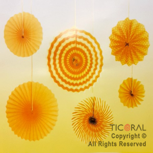 ADORNO GUIRNALDA ABANICO ROSETAS CARTULINA DISEO AMARILLO KIT X 6 UNIDADES